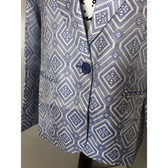 NEW Appleseeds Blazer Womens‎ 10 Blue White Suit Jacket Geometric Woven - Picture 3 of 10